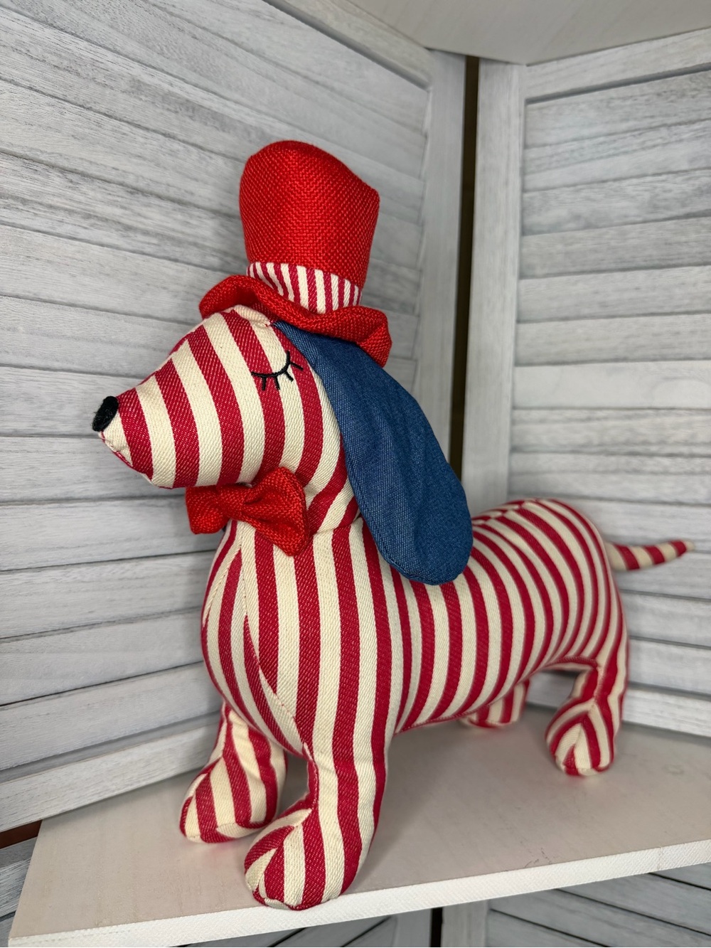 Stars and Stripes Striped Red & Cream Dachshund Plush Toy with Blue and Red Hat